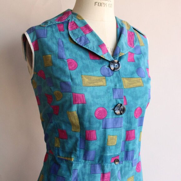 Vintage 1960s Dress, Blue Shirtwaist in Cotton, Volup Size, Geometric Shape Prin - Picture 5 of 10
